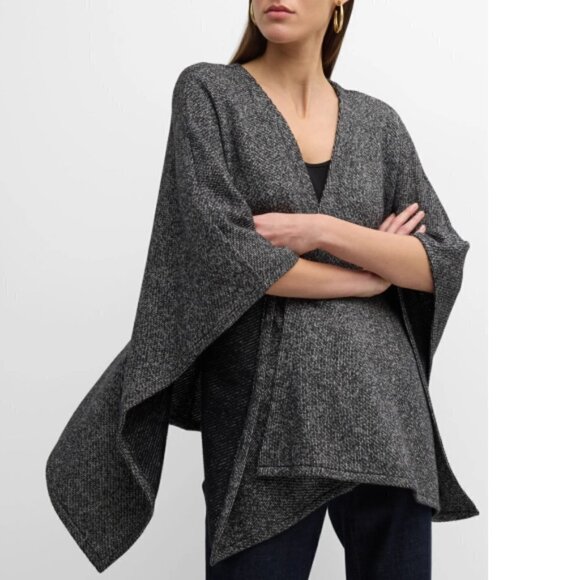 Eileen Fisher Open-Front Organic Cotton Marled-Knit Shawl-Serape, Black/White - Picture 3 of 4